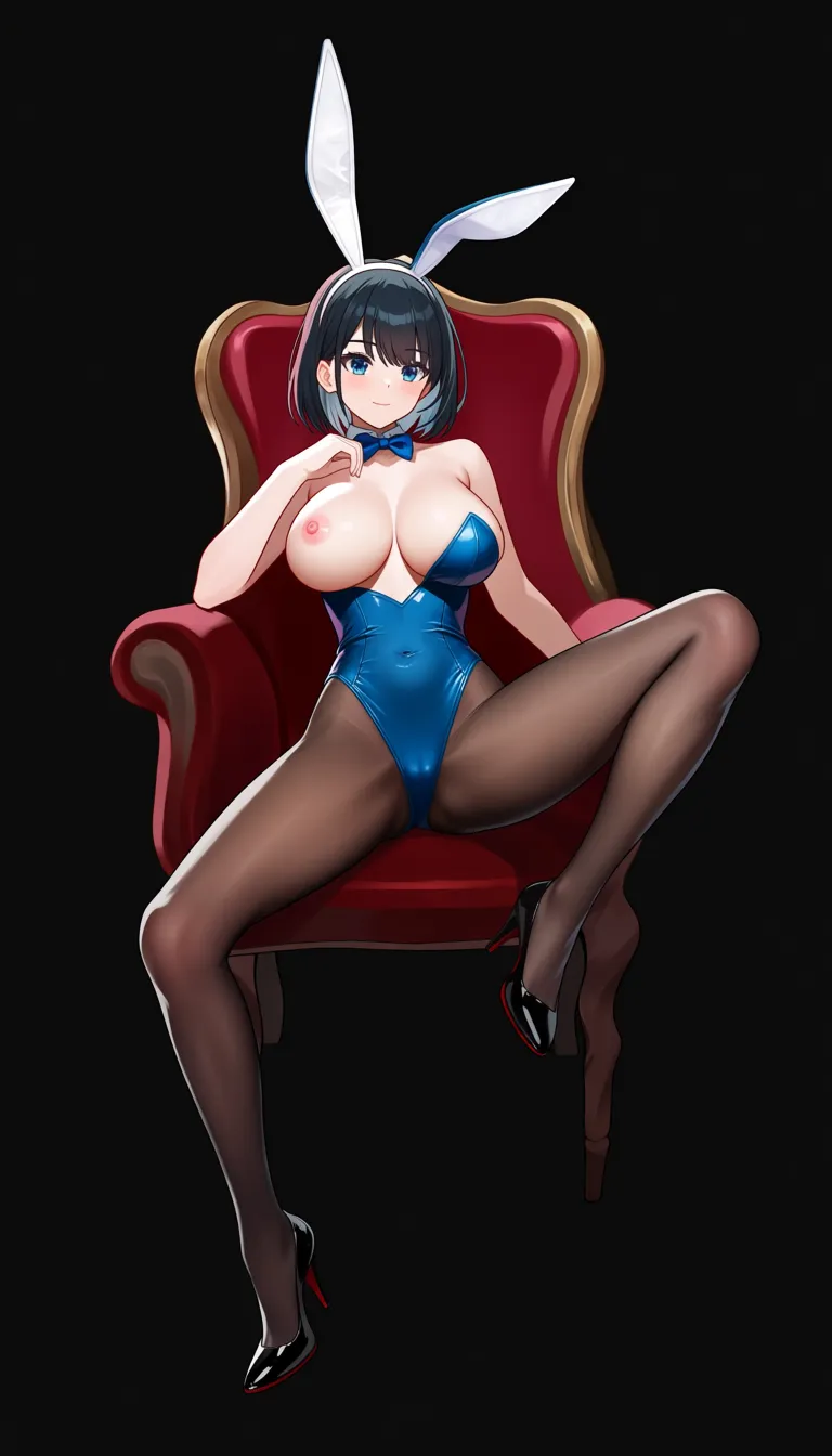 @yor_briar , bunny costume, black shoes, legs spread apart, one breast bare, sitting in a chair, living room, futanari , octane render, subsurface scattering, ray tracing, smooth shading,, hentai_studio_quality