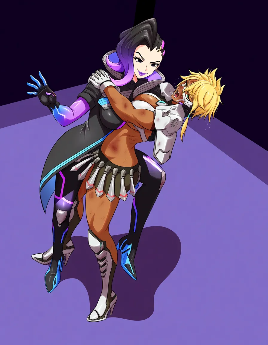2girls, sombra_(overwatch), tier_harribel , wrestling, defeated, bruised, catfight, squirting, strapon, hentai_studio_quality, hentai_studio_quality