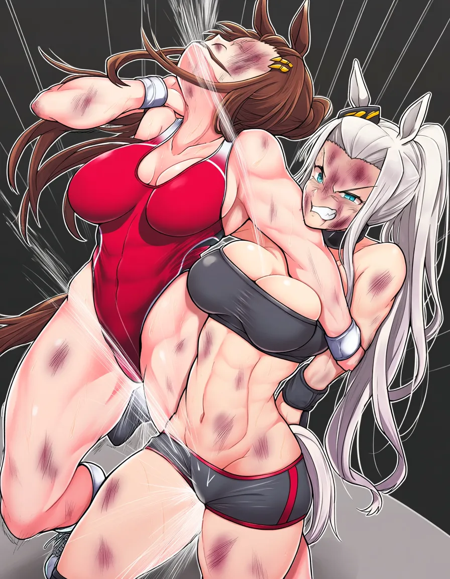 2girls, @gold_ship_(umamusume) , brigitte_(overwatch) , wrestling, defeated, bruised, catfight, squirting, strapon,, hentai_studio_quality