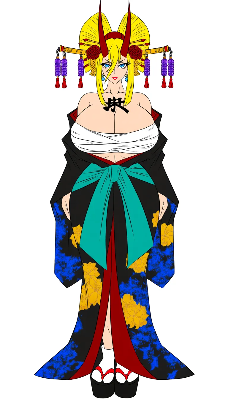 Extremely tall woman (8.2 meters / 26'11"). on a massively scaled but perfectly proportioned adult female body. Very voluptuous hourglass figure: narrow waist, wide hips, thick thighs, large heavy breasts with deep cleavage. Fair / pale soft skin.Face & Head Long blonde hair in an elaborate traditional Japanese geisha / oiran updo (high piled hair with side locks). One loose strand falling across her left eye. Two long, slightly curved red horns from the forehead. Ornate hair decorations: two swords used as hairpins, red flowers, purple/blue ornaments with hanging tassels. Sky-blue eyes. Full lips with bright red lipstick. Pearl earrings.Clothing Black kimono with blue and yellow floral patterns. Very low-cut and deliberately open, often slipping off one or both shoulders. Deep cleavage fully exposed. Turquoise / teal-green obi tied around the waist. Black zōri sandals with red straps and white tabi socks.When the kimono is removed White sarashi (chest bandage) wrapped tightly around her large breasts. Large black tattoo of the kanji 女難 across her upper back.