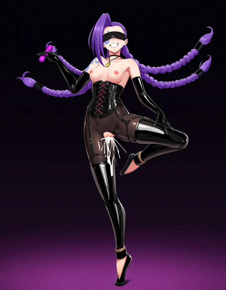 Jinx , league_of_legends , latex, corset, riding_dildo, ballgag, blindfolded, latex_bodysuit, tight_high_boots, ballet_heels, cum_overflow, orgasm, hentai_studio_quality,, hentai_studio_quality