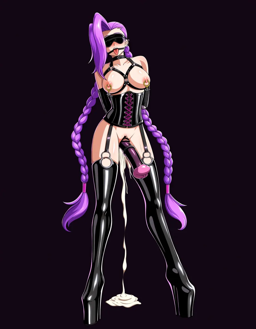 jinx, league_of_legends , latex, corset, bondage , ballgag, blindfolded, latex_bodysuit, tight_high_boots, harness, cum_overflow, orgasm, nipple_piercing, horse_cock_dildo, hentai_studio_quality