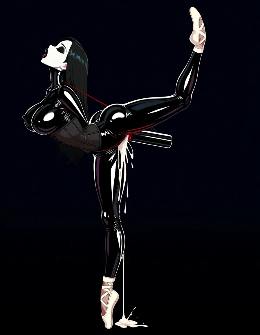 Goth_girl, white skin, black makeup, latex_bodysuit, corset, ballgag, bdsm, bondage, cum_overflow, orgasm, ballet_heels, hentai_studio_quality, hentai_studio_quality