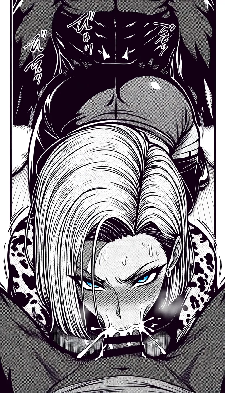 Android 18, completely_nude, heavily tattooed, fellatio, cum running down face, all_fours , full_body