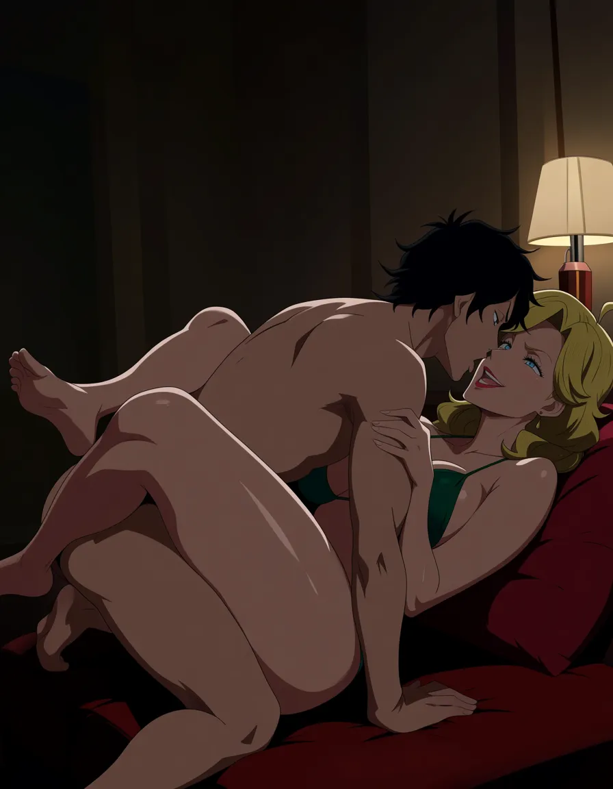 best quality, polished, mature female, shiny skin, bikini, missionary, indoors, detailed shading. Have Vanessa and Yami from black clover fucking on a on_couch, hentai_studio_quality