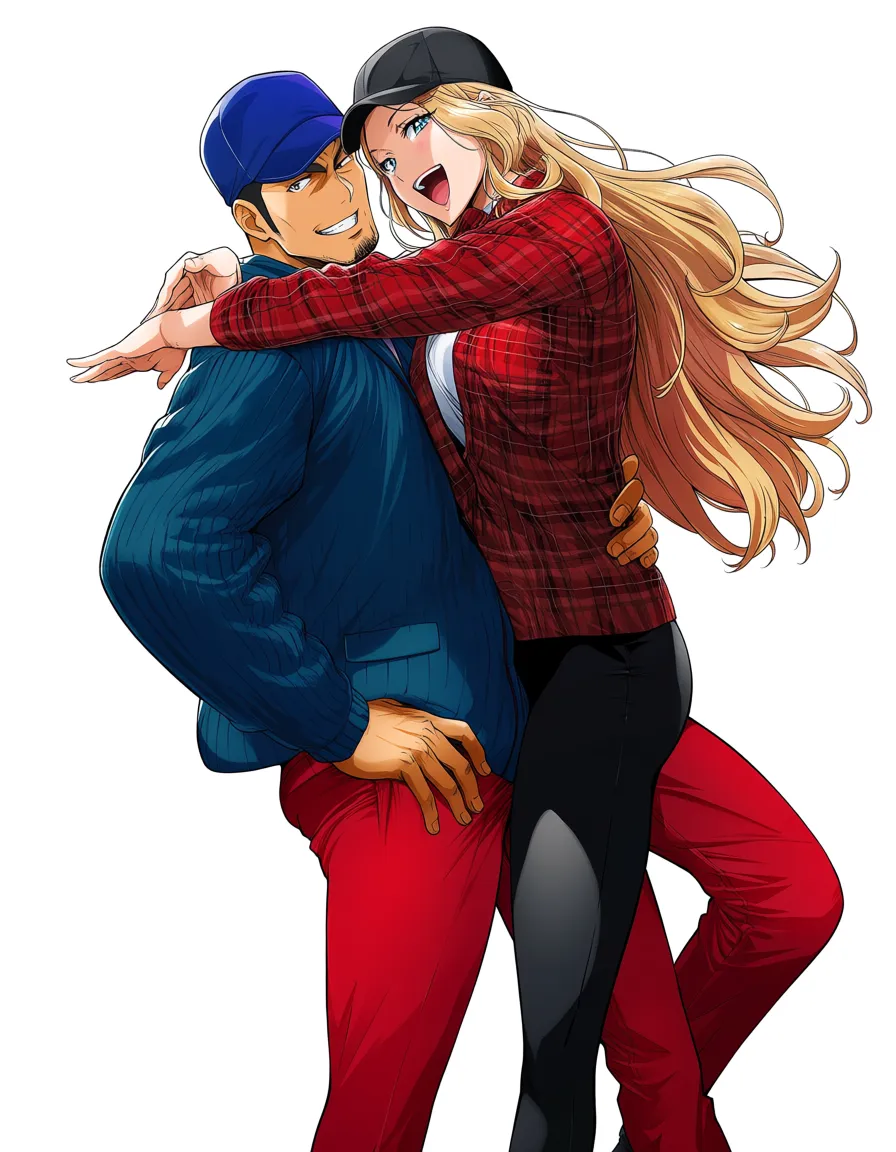 ultra detailed shading, couple, hat, leg up, playful expression, wide shot, vivid anime colors, hentai_studio_quality
