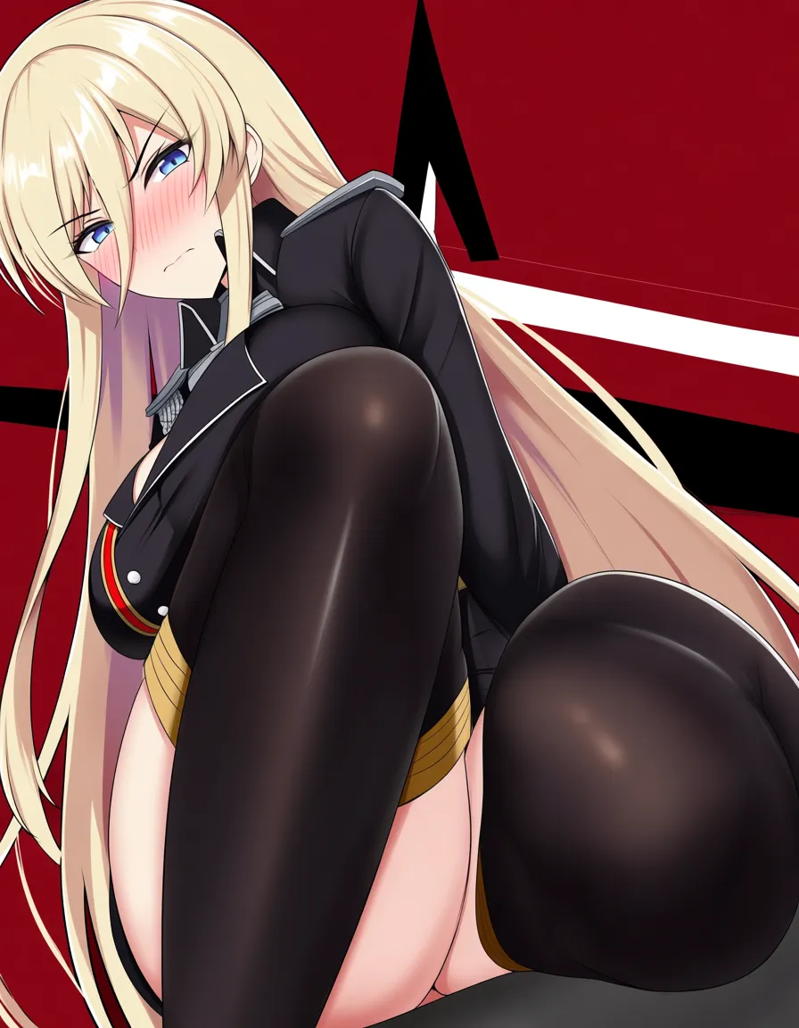 /highres /sharp_focus doujin_style /masterpiece lineart bismarck_(azur_lane) on_back legs_apart after_anal cum_in_ass embarrassed looking_to_the_side bottomless thighhighs, hentai_studio_quality
