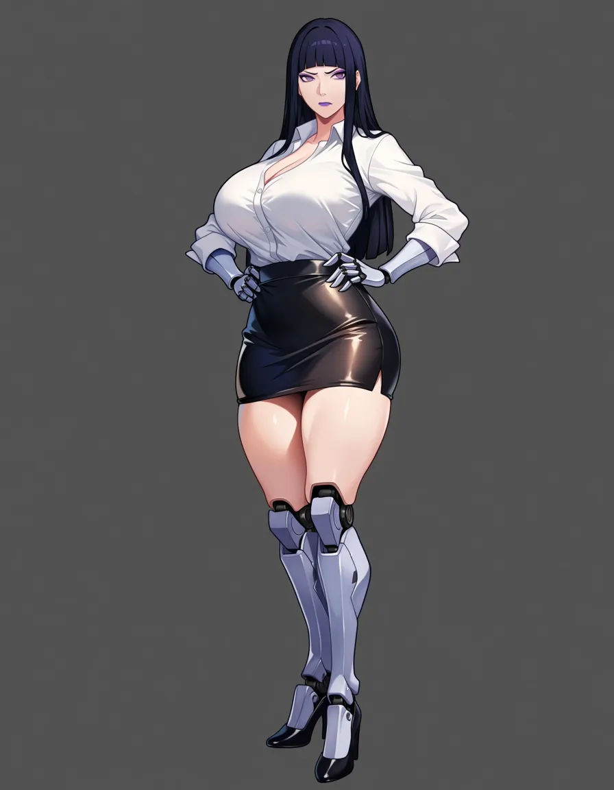 @tsunade_(naruto) , mechanical arms and legs, woman (long fringe black_hair, FRINGE, purple makeup, white shirt, black leather miniskirt, high heels, huge_breasts, thick_thighs, standing up, purple eyes, hands_on_own_hips, annoyed, talking), first person view, face to face. BREAK : in a office room, very realistic., hentai_studio_quality, hentai_studio_quality