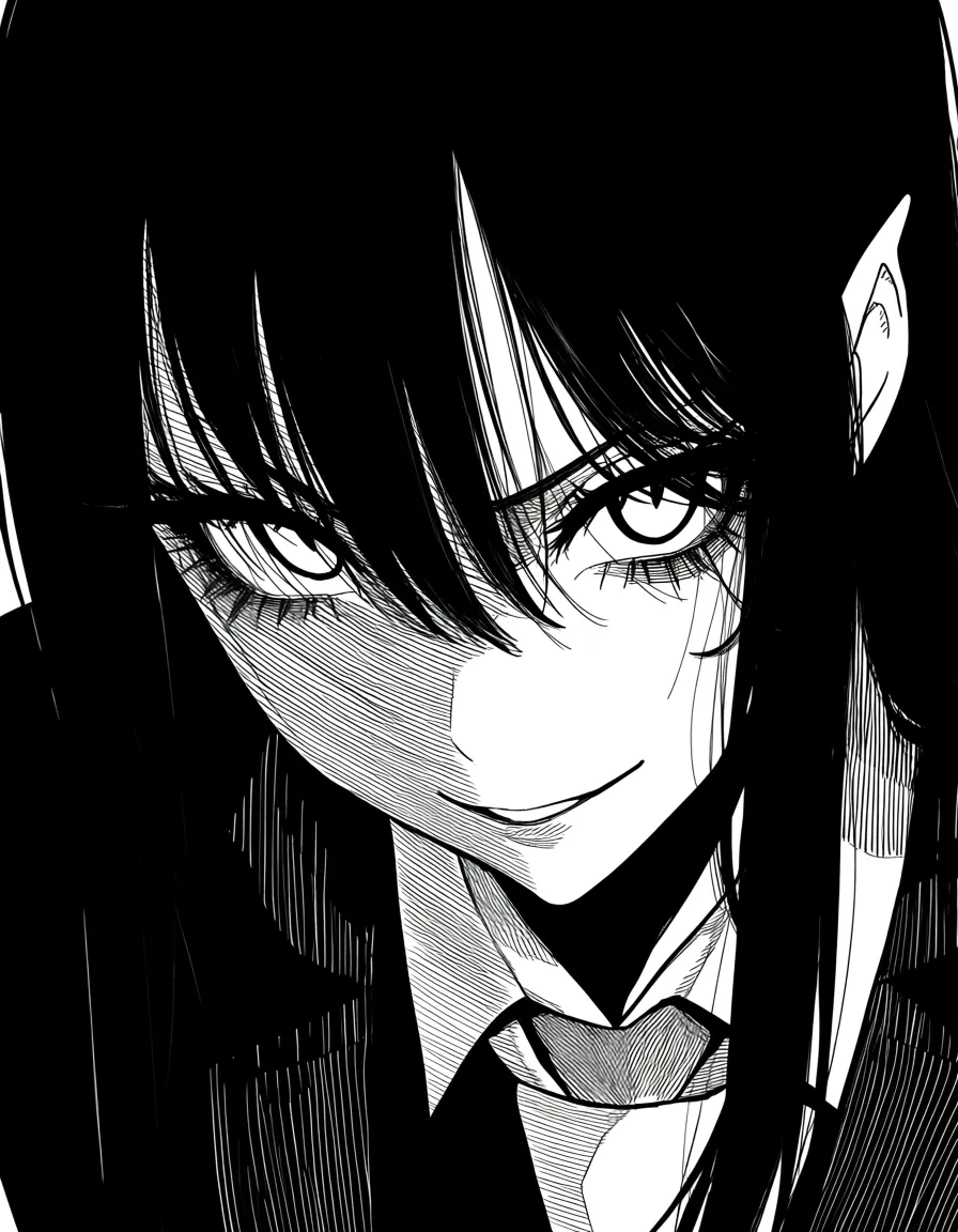 highres, vivid, demon girl, necktie, presenting, lustful eyes, three-quarter view, detailed shading, hentai_studio_quality