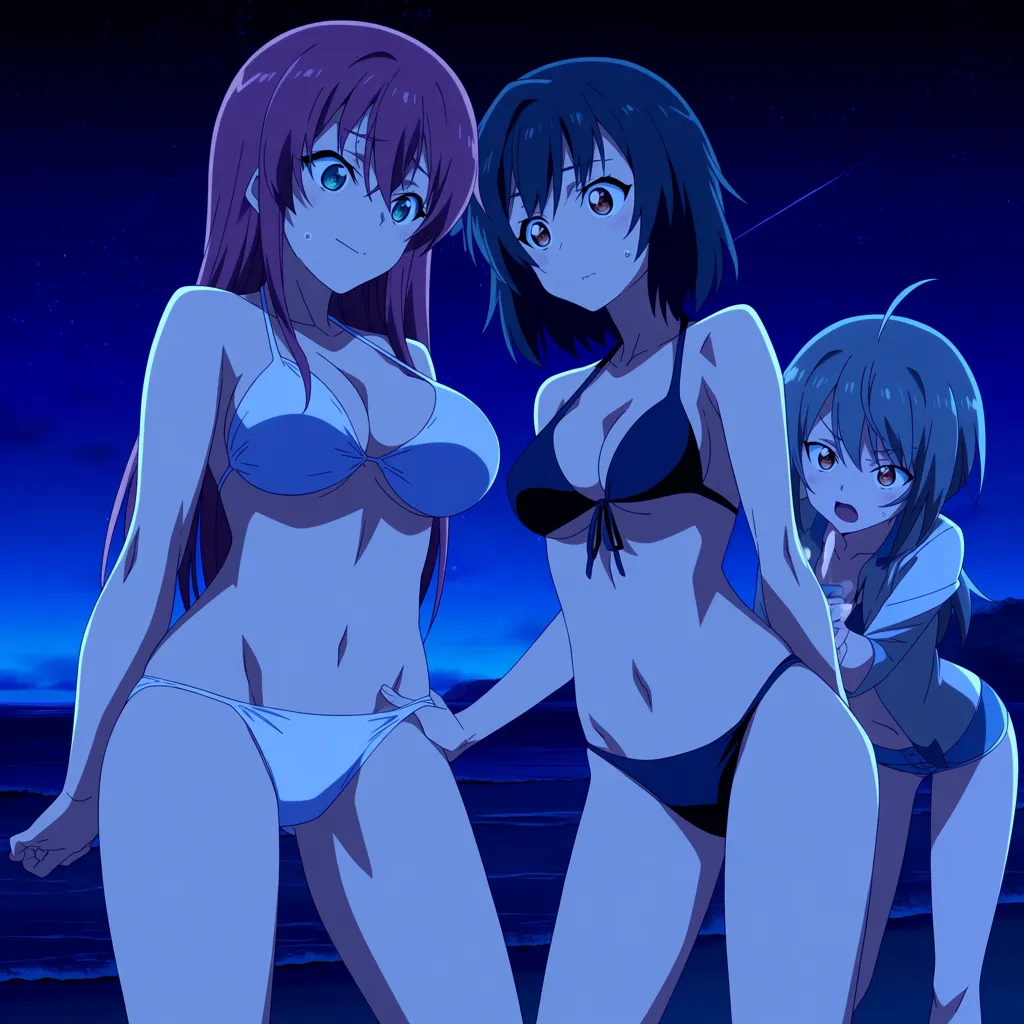 ultra HD, lifelike, 3girls, bare arms, bikini, handjob, night, medium shot, lifelike render