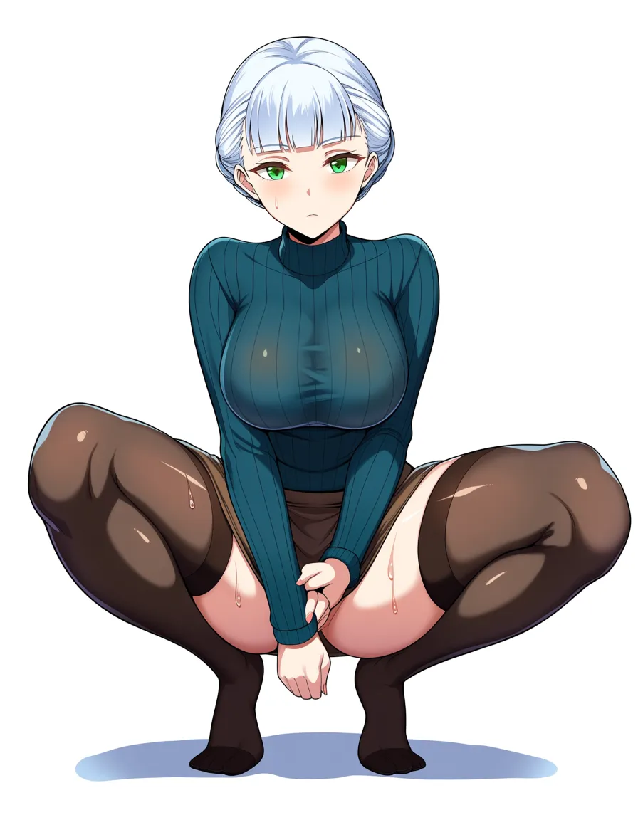 alice elliot from shadow hearts in a miniskirt with no_panties and no_bra in a nearly see through sweater in her normal thighhighs, full_body, wet, hentai_studio_quality
