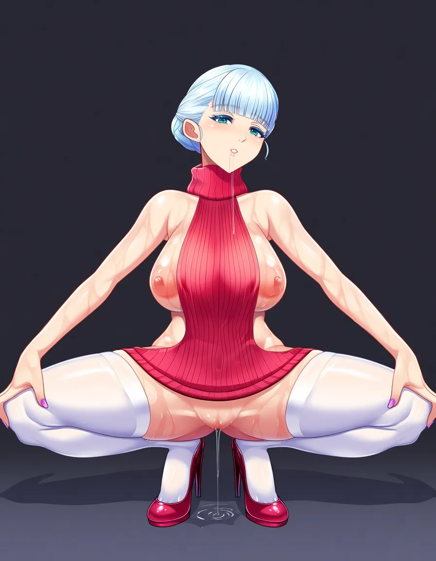 alice elliot from shadow hearts, in a miniskirt, no_panties, no_bra, in a nearly see through sweater, in white thighhighs, wet, pussy_juice, large_areolae, perky nipples, saliva_trail, young woman, saliva, high_heels, hentai_studio_quality