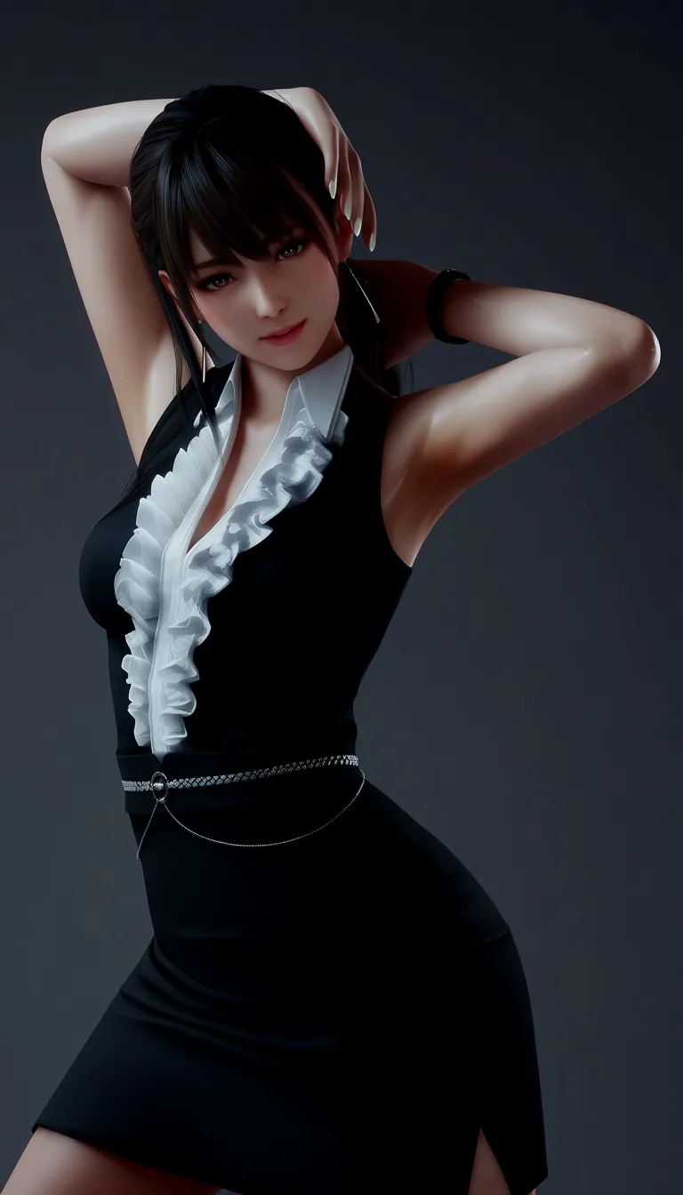 RAW photo, ultra realistic, office lady, armpits, frills, slow turn, oral, three-quarter view, lifelike render