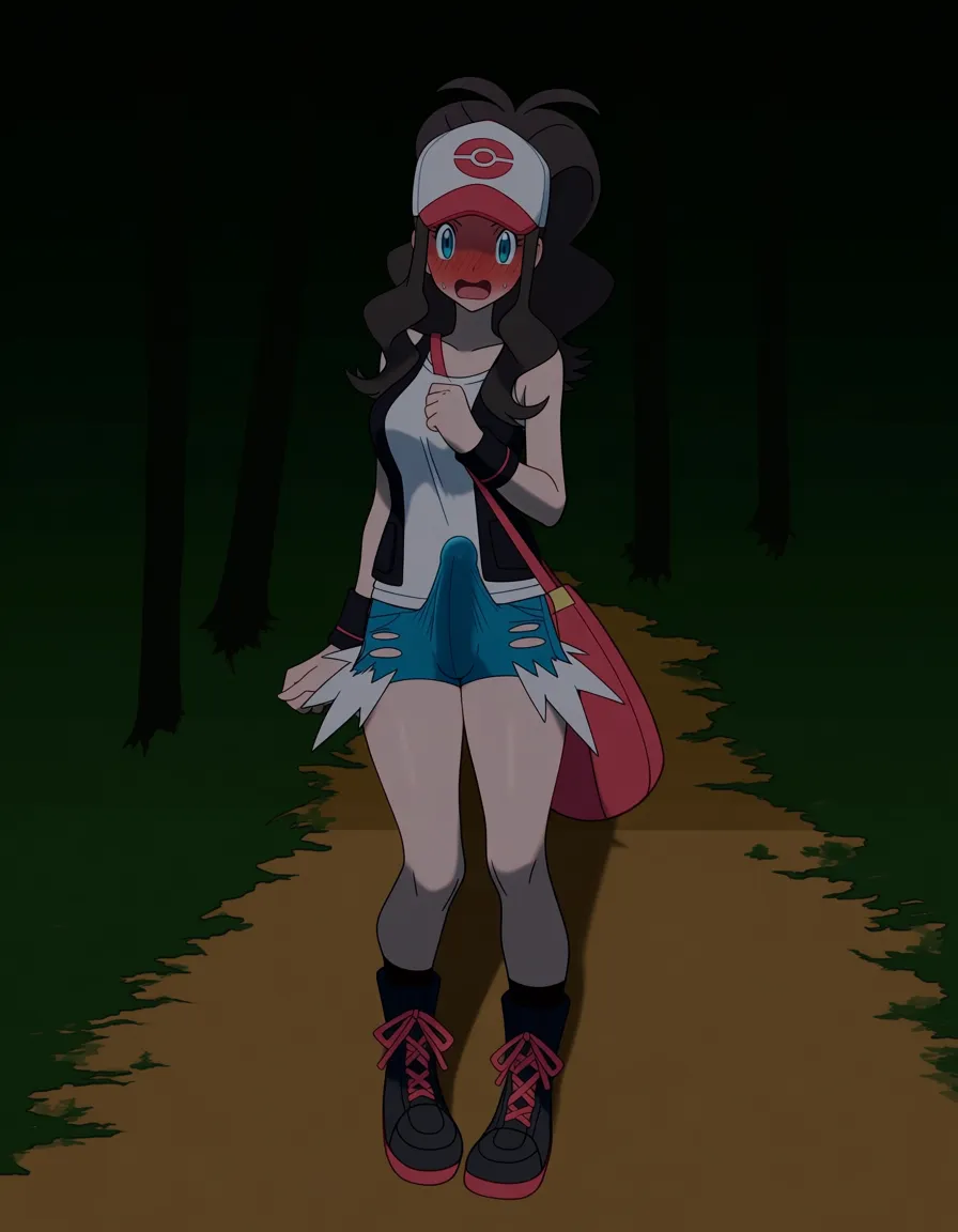 @hilda_(pokemon), detailed shading, masterpiece, futanari, embarrassed, erection_under_clothes, legs_up, forest path, hentai_studio_quality