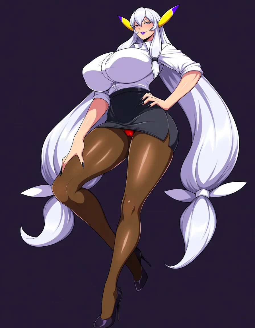 masterpiece, clean art, highly_detailed, sakuyamon, pussy_juice, skin_tight, thick_thighs, large_breasts, full_body, hentai_studio_quality, long_legs, very_long_hair, white_hair, twintails, pantyhose, miniskirt, high_heels, office_lady, from_below, femdom, legs_apart, cameltoe, hentai_studio_quality, seductive_smile, solo, hentai_studio_quality