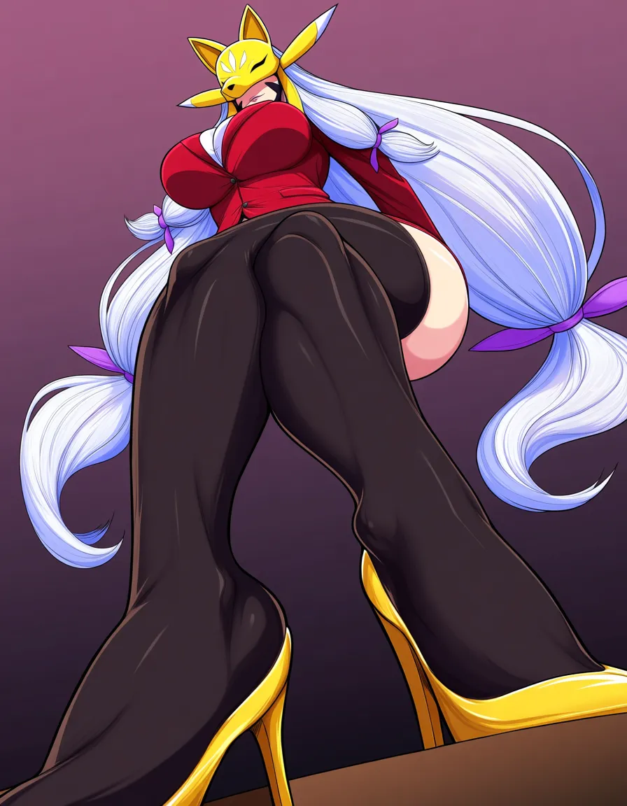 masterpiece, clean art, highly_detailed, sakuyamon, pussy_juice, skin_tight, thick_thighs, large_breasts, full_body, hentai_studio_quality, long_legs, very_long_hair, white_hair, twintails, miniskirt, high_heels, office_lady, from_below, femdom, legs_apart, cameltoe, hentai_studio_quality, solo, evil_smile, ass_visible_through_thighs, thighhighs, hentai_studio_quality