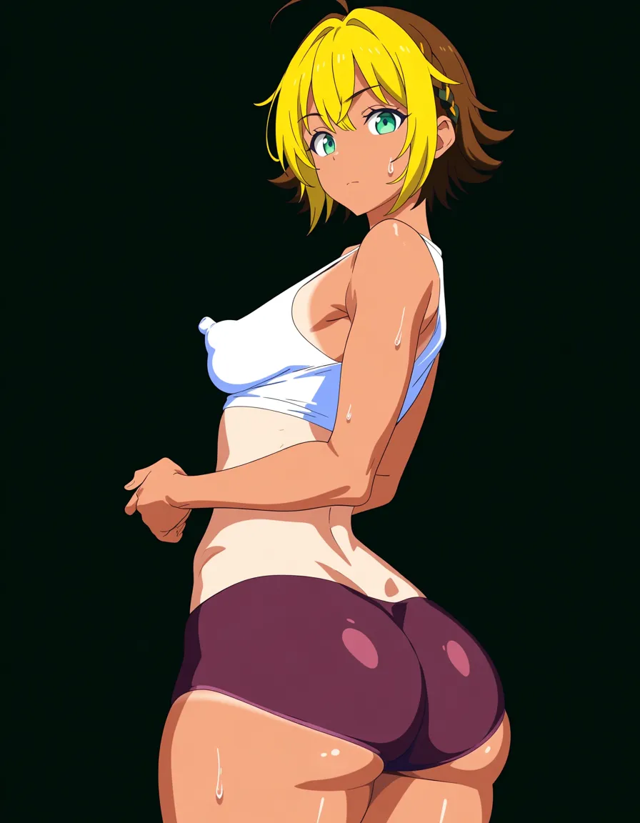 Tomboy girl who likes going outside, whole charcter is shown , booty shorts, tanned skin, short yellow hair with top being brown, white crop top muscle shirt , sweaty, super small flat breast, long erect nipples, big hips, camel toeshowing through shorts , big ass, tan lines, background park trail, hentai_studio_quality, (anime style:1.3), 2d, anime screencap, cel shading, flat color