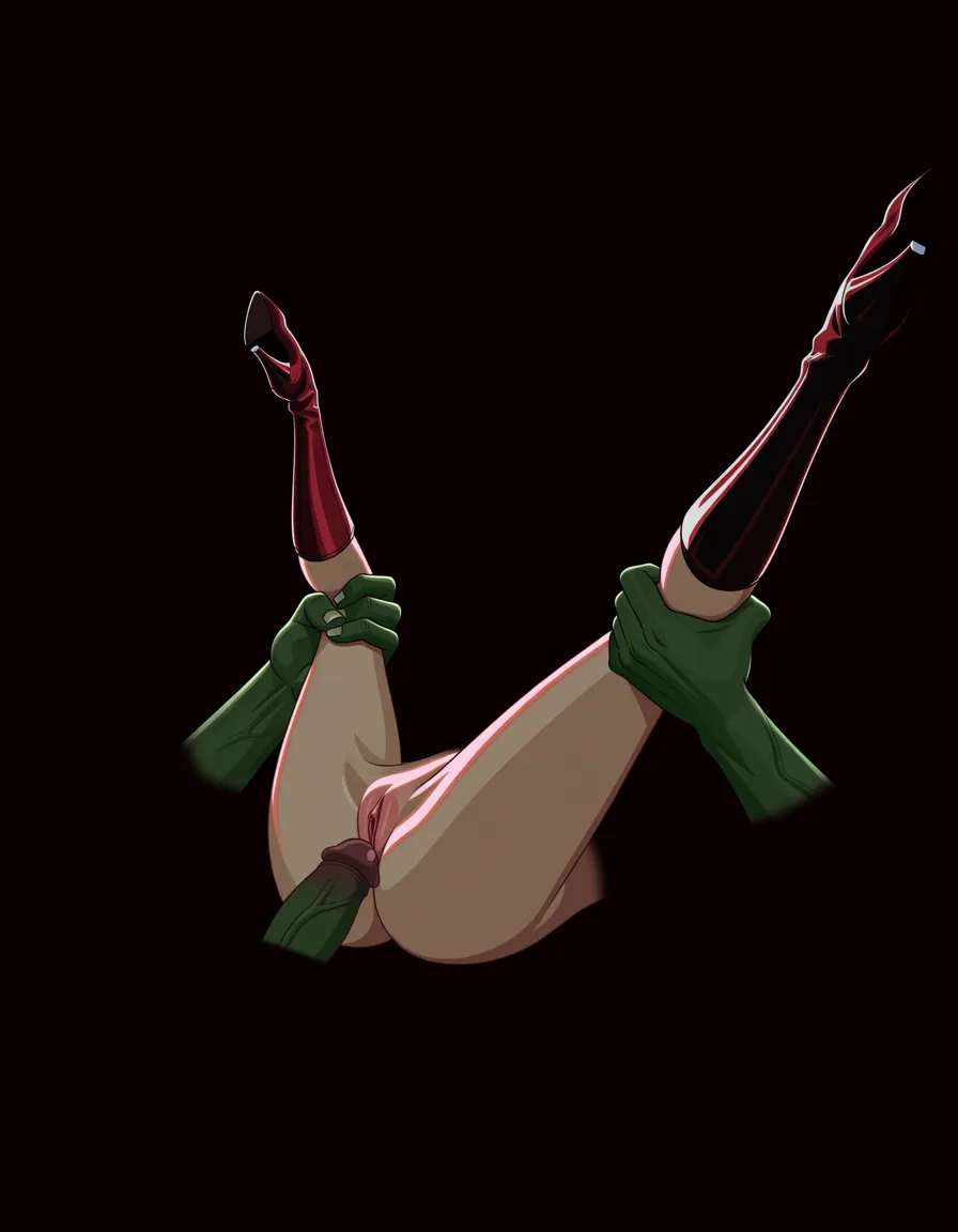 erza scarlet is wearing only her boots.
an orc is gripping both of her legs apart and licking her pussy., hentai_studio_quality