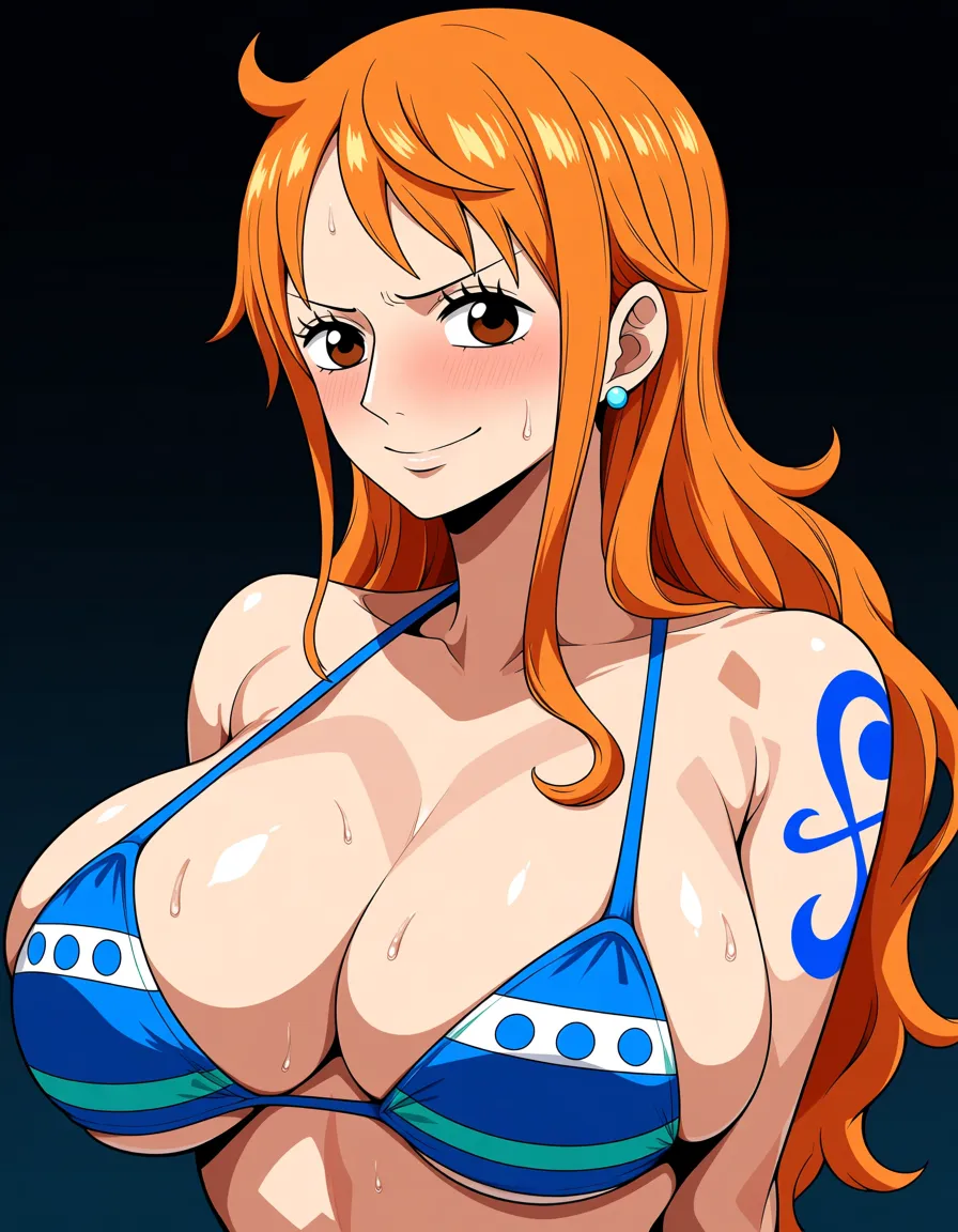 masterpiece, fine detail, best quality, very aesthetic, nami from one piece, large_breasts, sweaty, strap on dildo, hentai_studio_quality