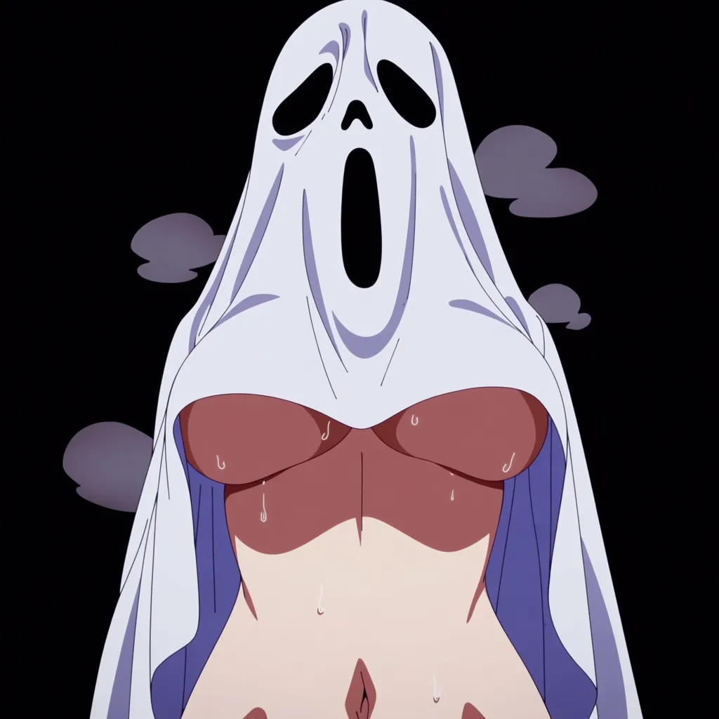Girl cosplay ghost ghost mask covered face fit clothes no wear under ghost clothes ghost clothes stick on body steam around and sweat no wear under ghost cothes, clothes are wet and make body little bit visble, body is soft nothing visble down ghost vlothes is thin thr belly buttom is visble under clothes something driping frim clothes clothes coverd helf of thigh clothes stick on body and boobs a bluge under clothes right on boobs,  lower body must not visble at all, (anime style:1.3), 2d, anime screencap, cel shading, flat color