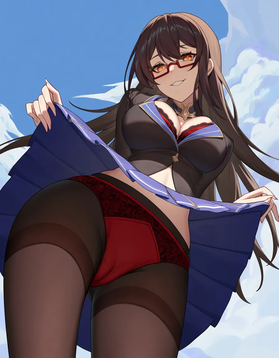 @xiangling_(genshin_impact), glasses, /hentai_studio_quality, small_breasts, naughty_face, red bra, red_panties, red_eyes, upskirt, from_below, seductive_smile, cameltoe, hentai_studio_quality