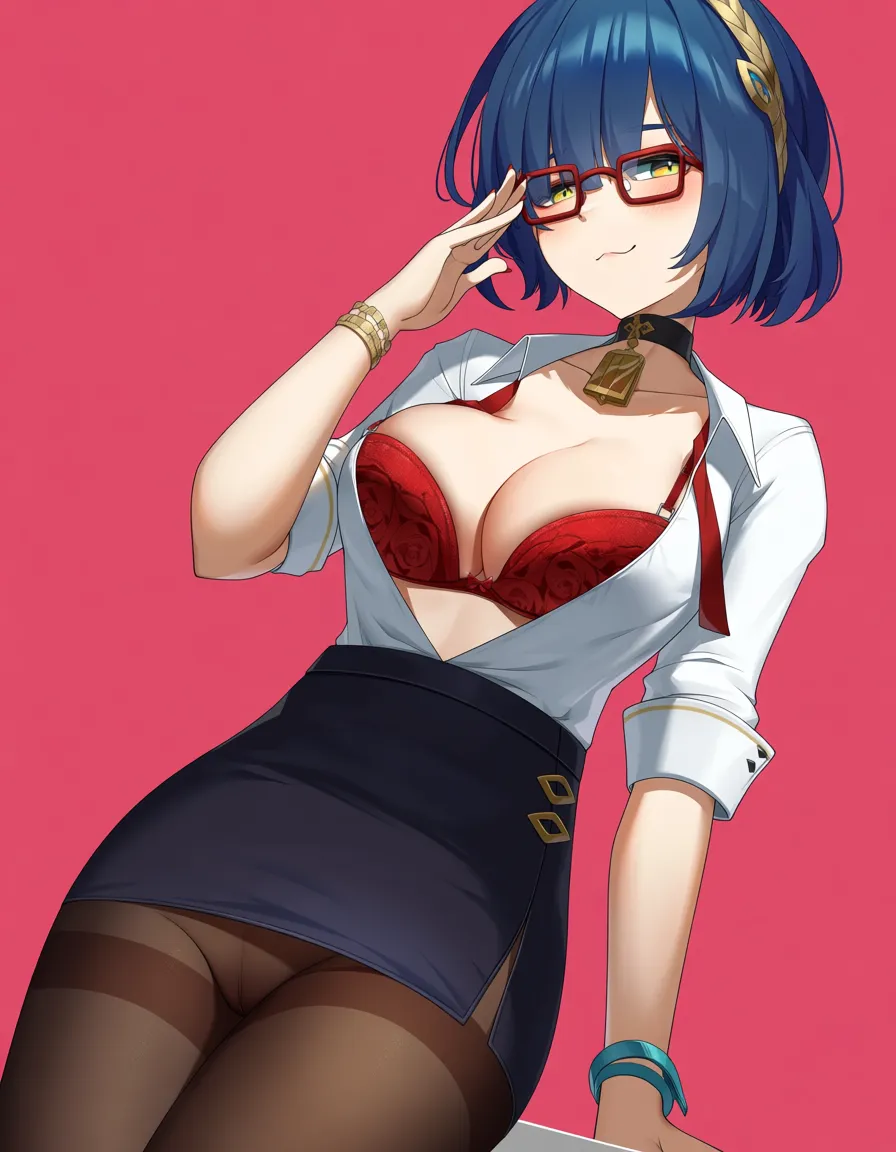 @xiangling_(genshin_impact), glasses, /hentai_studio_quality, small_breasts, naughty_face, red bra, no panties, red_eyes, upskirt, @xiangling_(genshin_impact) outfit, hentai_studio_quality