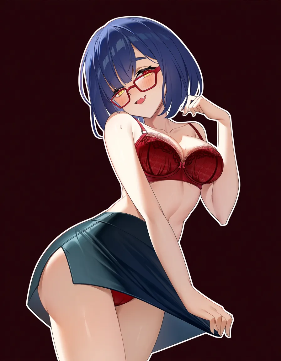 @xiangling_(genshin_impact), glasses, /hentai_studio_quality, small_breasts, naughty_face, red bra, red_panties, red_eyes, upskirt, @xiangling_(genshin_impact) outfit, hentai_studio_quality, hentai_studio_quality