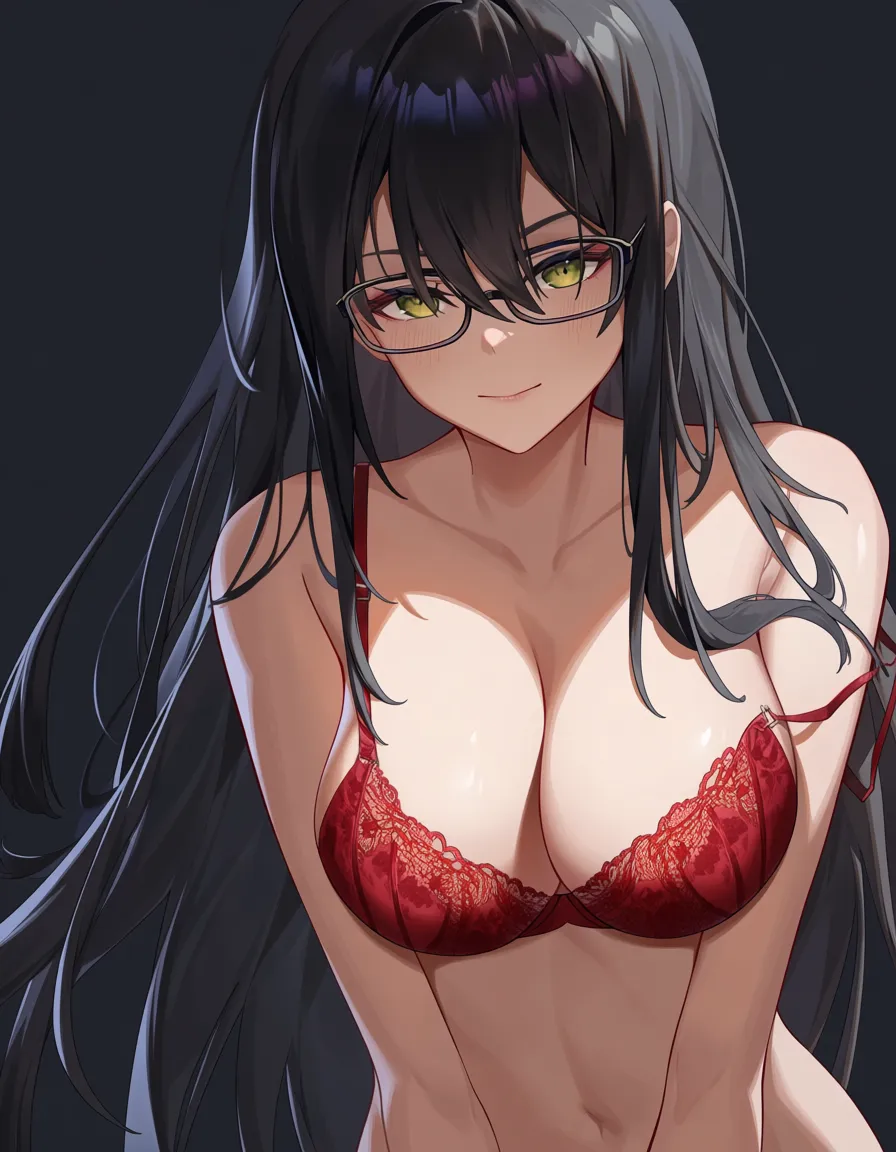 @xiangling_(genshin_impact), nude, seductive_smile, small_breasts, /hentai_studio_quality, /masterpiece, /best_quality, /best_lighting, /ultra_detailed, /highres, red_panties, red_lingerie, no bra, glasses, black_hair, dark_hair, from_below, hentai_studio_quality