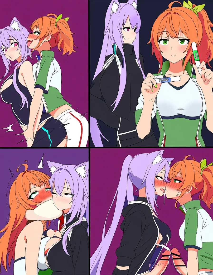 purple_hair, futanari, cat_girl, 2girls, happy_sex, cum_overflow, nose_blush, orange_hair, cat_girl, comic, pregnancy test, speech_bubble, (anime style:1.3), 2d, anime screencap, cel shading, flat color