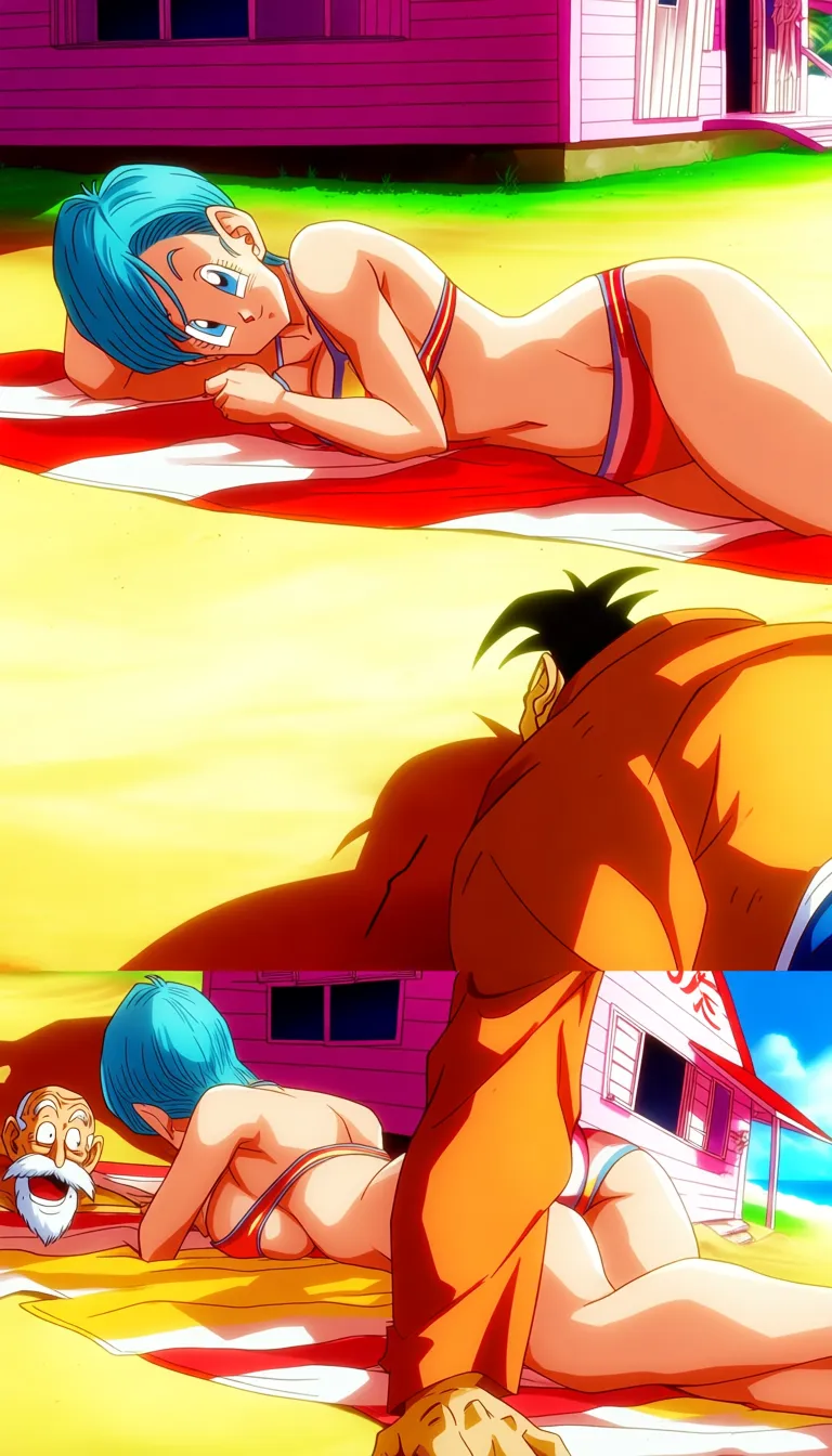A detailed and vibrant scene featuring Bulma from Akira Toriyama's original Dragon Ball series lying sensually on her beach towel, wearing an extremely short bikini that accentuates her form, set on a bright sandy beach next to the iconic Kame House. The lighting is warm and sunny, enhancing the summery, relaxed atmosphere. Nearby, an old Muten Roshi is depicted with a crazed, humorous expression as he looks toward Bulma, capturing his quirky personality without exaggeration. The image should maintain the original character designs and iconic beach setting with vivid colors, dynamic shading, and a polished anime style., (anime style:1.3), 2d, anime screencap, cel shading, flat color