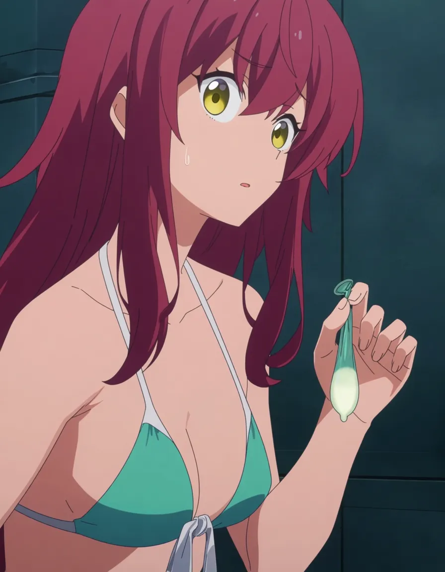 ultra detailed, girl eager to find used condom full of semen, swimsuit , holding up condom, curious, small breasts, (anime style:1.3), 2d, anime screencap, flat color, (anime style:1.3), 2d, anime screencap, cel shading, flat color, (anime style:1.3), 2d, anime screencap, cel shading, flat color