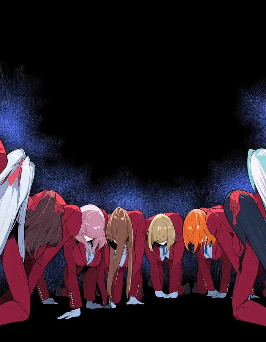 masterpiece, clean art, 6+girls, ribbon, on all fours, over the shoulder, visual novel art, hentai_studio_quality