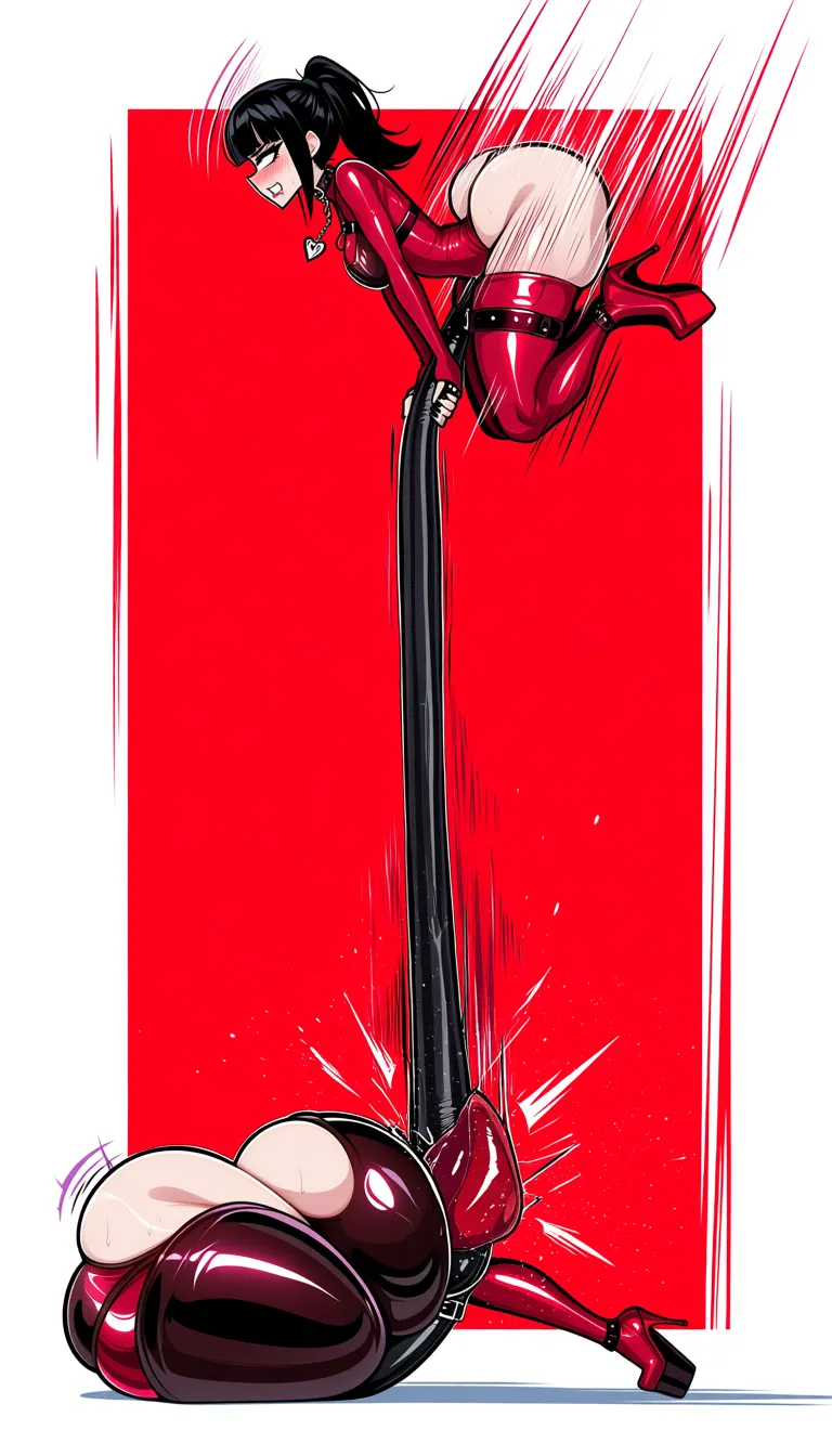 sexy goth girl with big tits wearing red latex outfit. she is riding a (gigantic hyper dildo in huge pussy:2) deep, causing a (stomach bulge:2) with each trust. she is constantly squirting.
