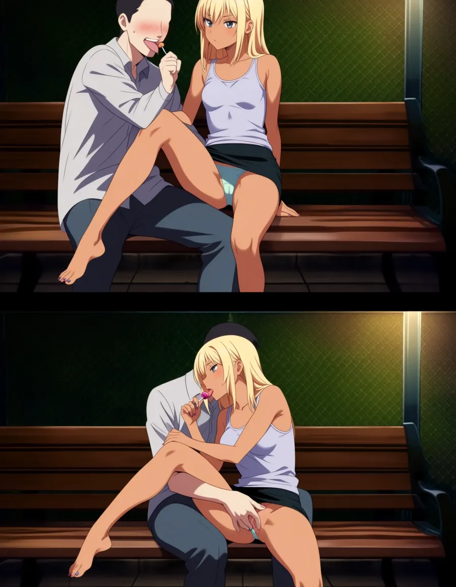 The girl is blonde with a slim build and small breasts; she is wearing a skirt with tight panties underneath but no bra—just a tank top. In the first photo of the series, she is sitting on a man's lap on a bench; the man feels her pussy and gets shy, while she sits on his leg and licks a lollipop., hentai_studio_quality
