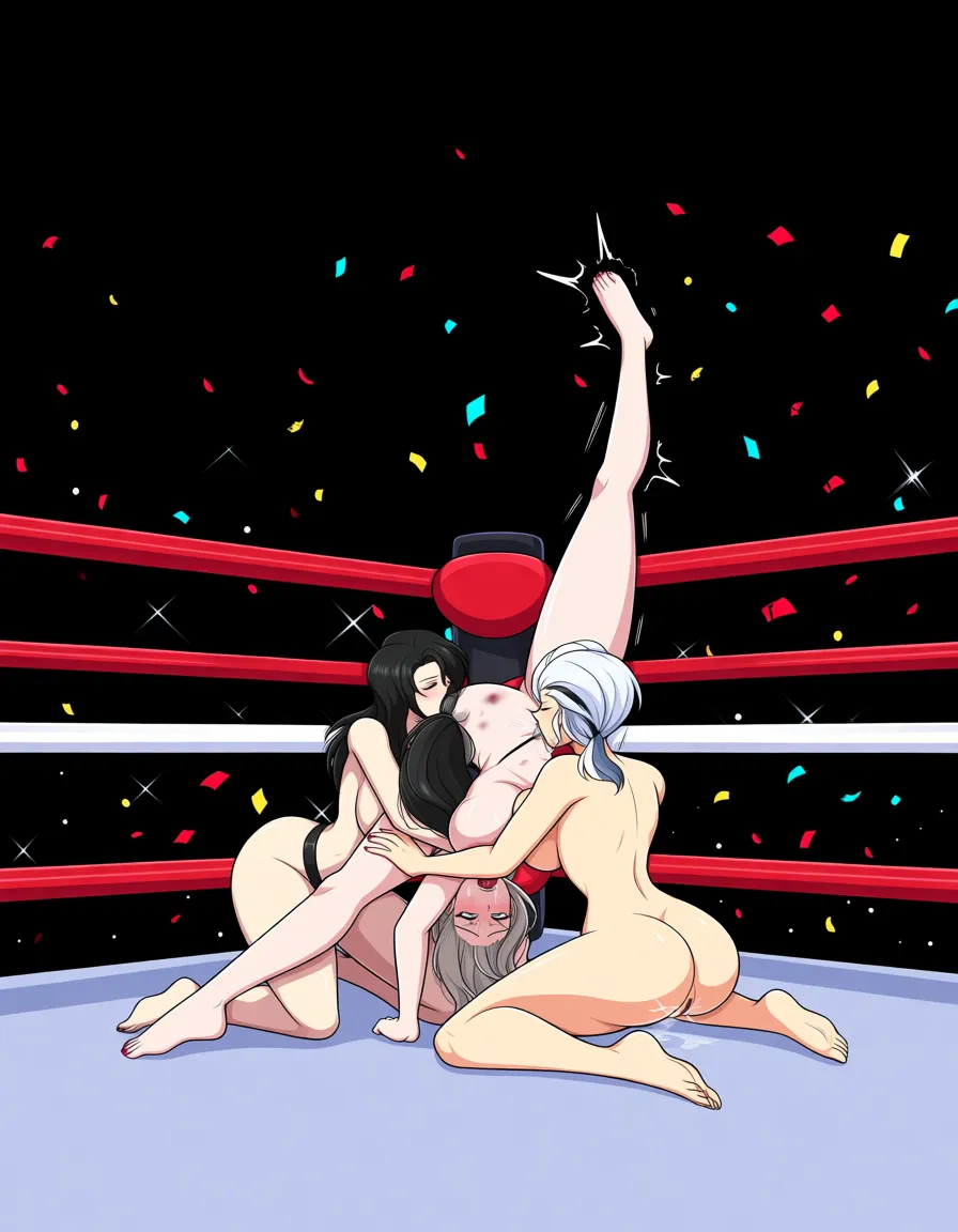 (Salem_(rwby)-white_hair_evil_smile), (@sailor_venus-blonde_hair) , cinder_fall_(rwby)_black_hair,  3girls yuri sex , wrestling_ring, wrestling orgasm pussy_juice, defeated, squirting , bruised, nude from_side sweat strap-on vaginal,  spitroast_position all_fours kneeling, strap-on oral fellatio , grabbing_another's_ass,  confetti,, hentai_studio_quality