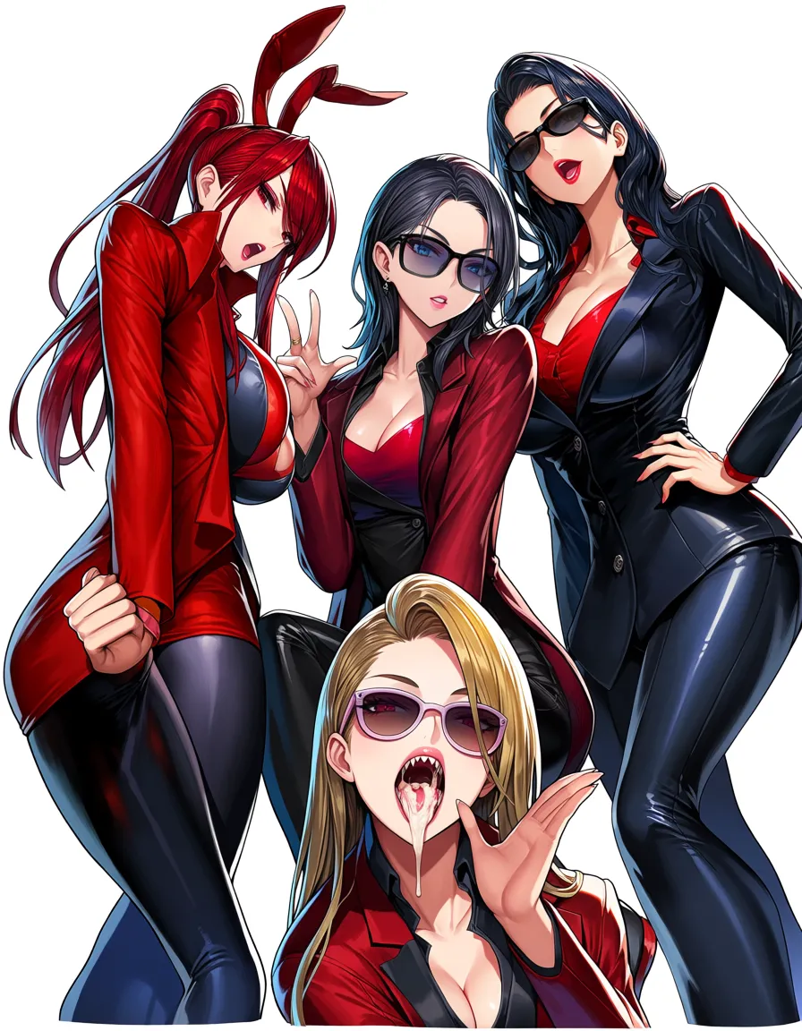 highly detailed, sharp, 4girls, doggy style, sunglasses, long hair, transparent background, realistic cum_in_mouth, hentai_studio_quality