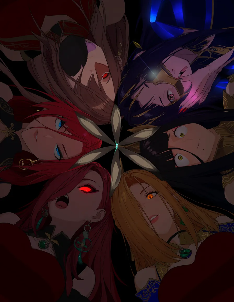 absurdres, highres, 4girls, earrings, missionary, dreamy atmosphere, from above, eroge aesthetic, hentai_studio_quality