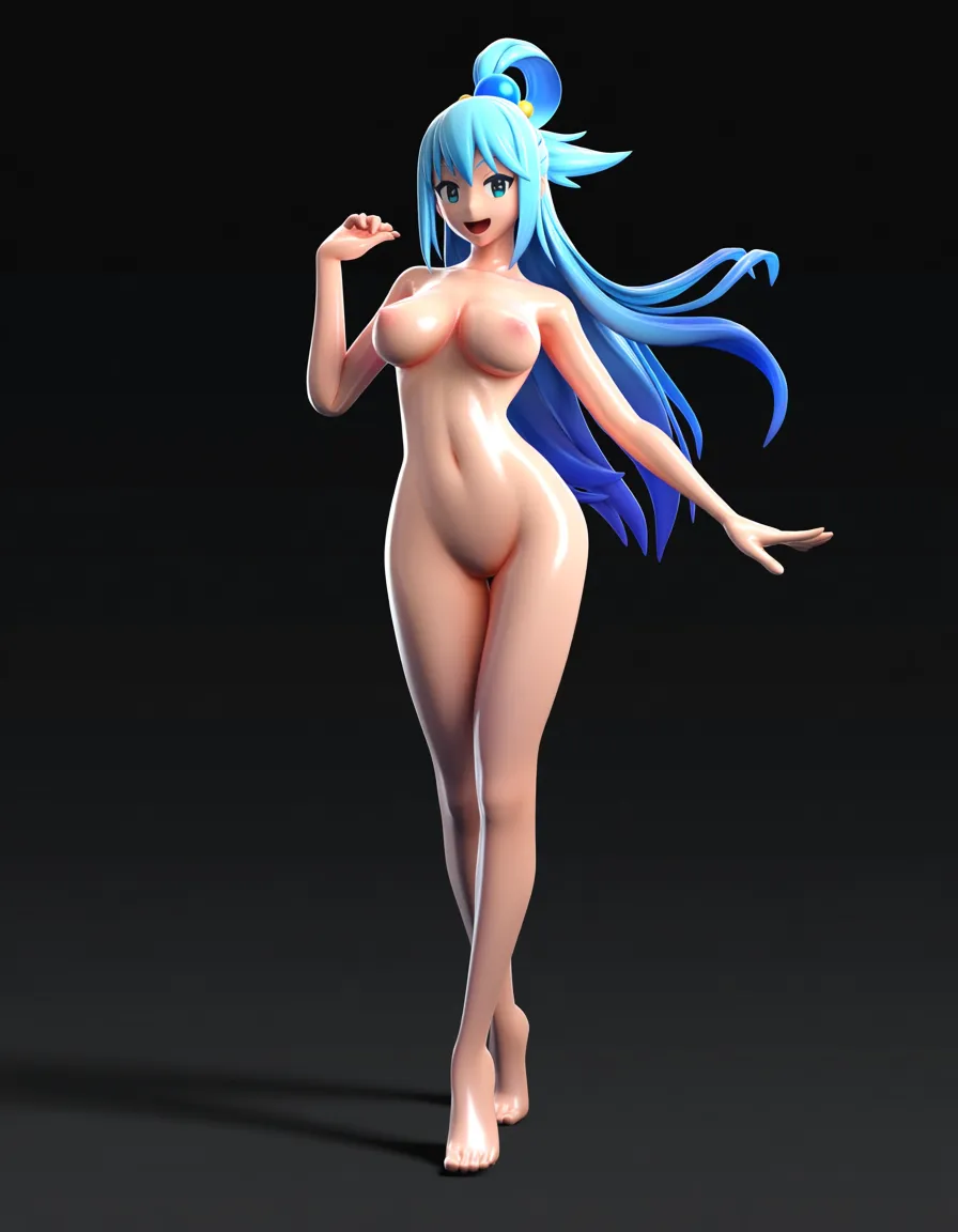 3d render soft skin , nude , aqua from konosuba , dinamic pose front, score_9, score_8, 3d render, octane render, subsurface scattering, ray tracing, smooth shading