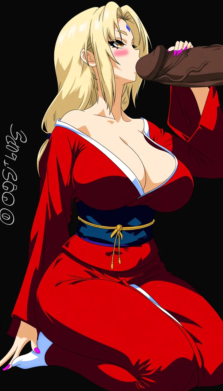 Artist_Bobtheneet, Tsunade, large_breasts, kimono, red_kimono, cleavage, seiza, hair_down, huge_penis, hand_on_penis, blush, kissing the tip, from_above, heart around penis, heart-shaped_pupils, horny female, 1girl, (anime style:1.3), 2d, anime screencap, cel shading, flat color, @00osamio00