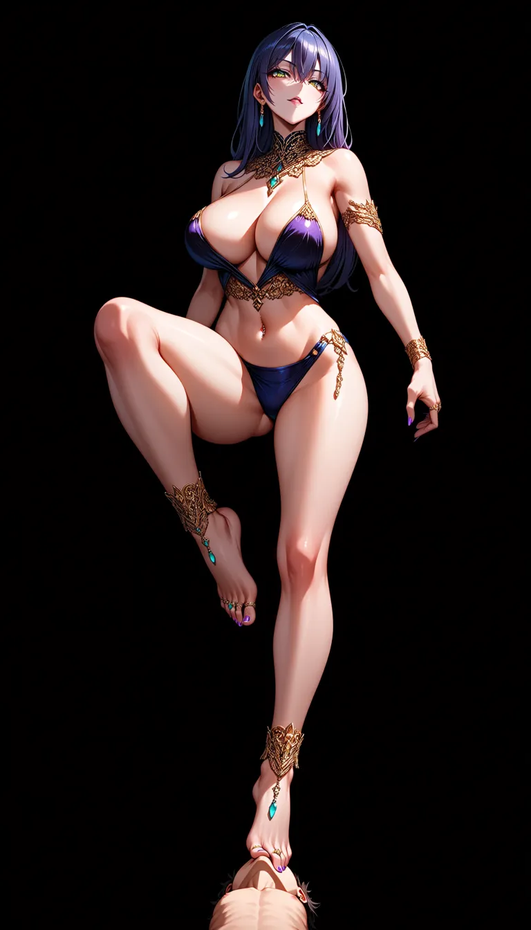 20 years old girl, no game no life, standing up on one foot, dominant expression, seductive piercing eyes, alternative outfit, intricate jewelry, foot pressing firmly against a man's throat, foot in the mouth, dominance, femdom, soles, toes, ornate gold anklets, delicate jeweled toe rings, slender sexy legs, flawless skin texture, curvaceous body, cinematic lighting, dramatic shadows, big thighs, size difference, larger female, smaller male, hentai_studio_quality