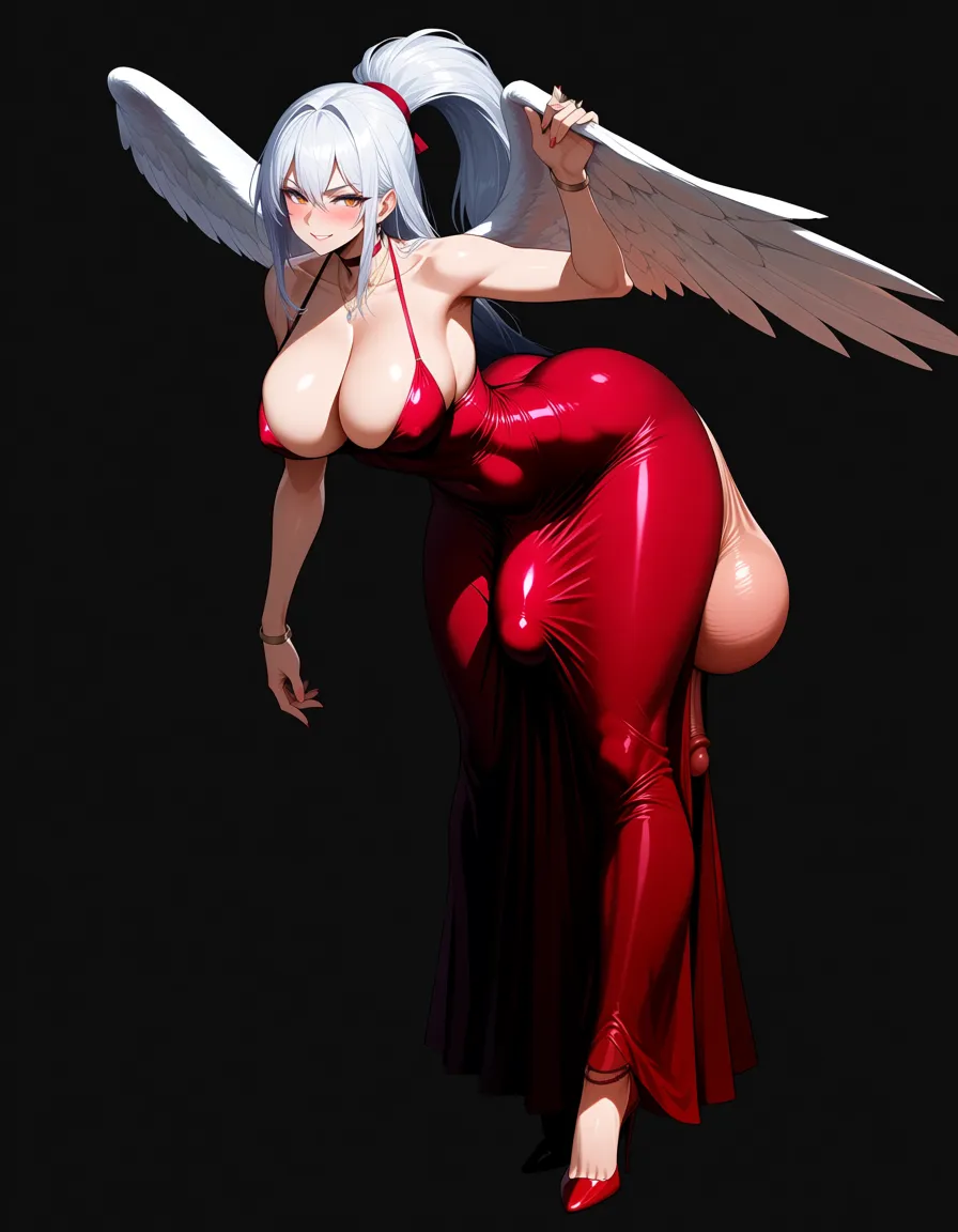 cinematic photo, 8k, futanari, white_hair, bulge, long_dress, huge_penis, hentai_studio_quality
