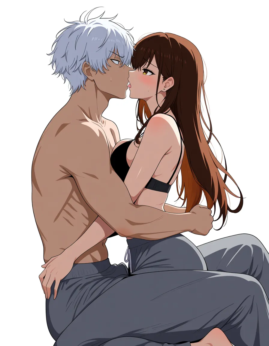 Anime girl Brown hair, black bra, grey sweatpants, having a guy with white short messy hair grinding on he, the guy is on top of her*, hentai_studio_quality