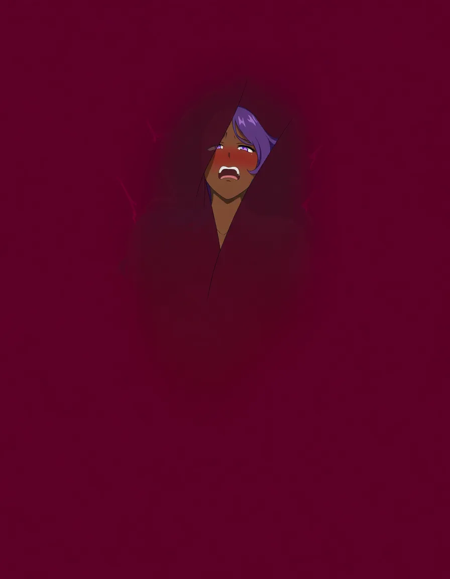 Very dark skinned female, fingers herself, squirting, purple hair, bed, background pink-ish red, purple eyes, blushing, moaning, nervous, hentai_studio_quality