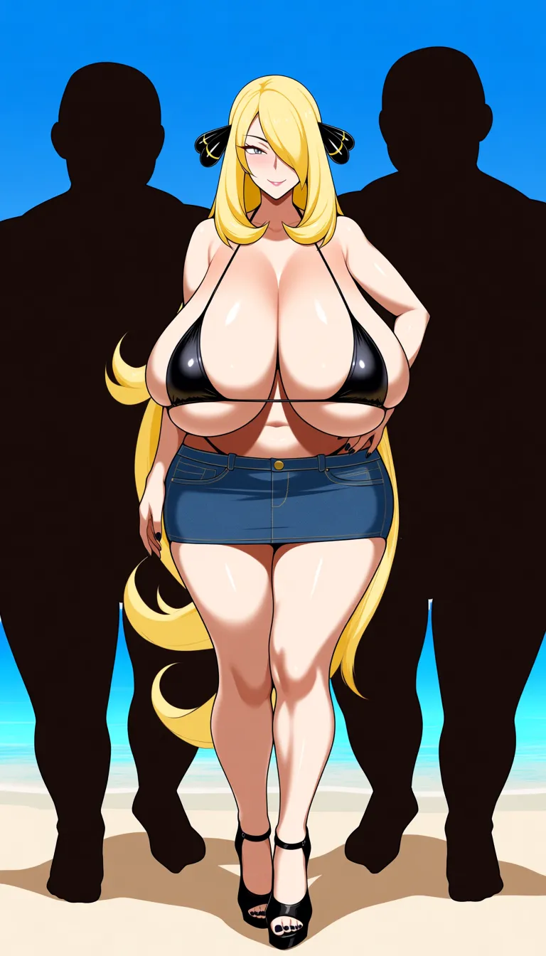 Cynthia from Pokémon, massive and sagging breasts, soft breasts, black micro bikini, denim mini skirt, black stiletto heels sandals,on blue sky beach.beside her two fat naked black people with erect penis., hentai_studio_quality