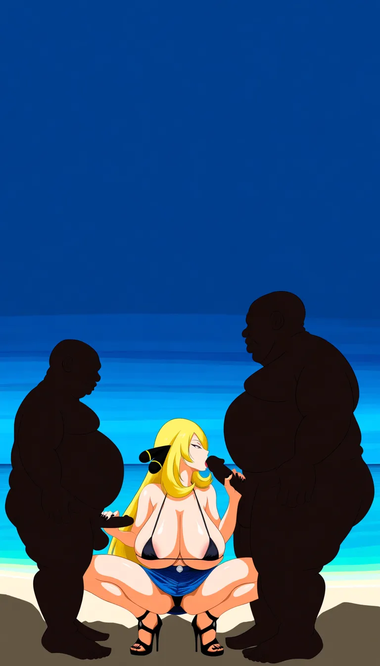 Cynthia from Pokémon, massive and sagging breasts, soft breasts, black micro bikini, denim mini skirt, black stiletto heels sandals, squatting on blue sky beach.beside her two fat naked black people with erect penis.she gives fellatio and hand job., hentai_studio_quality, hentai_studio_quality, (anime style:1.3), 2d, anime screencap, cel shading, flat color, @00osamio00, (anime style:1.3), 2d, anime screencap, cel shading, flat color