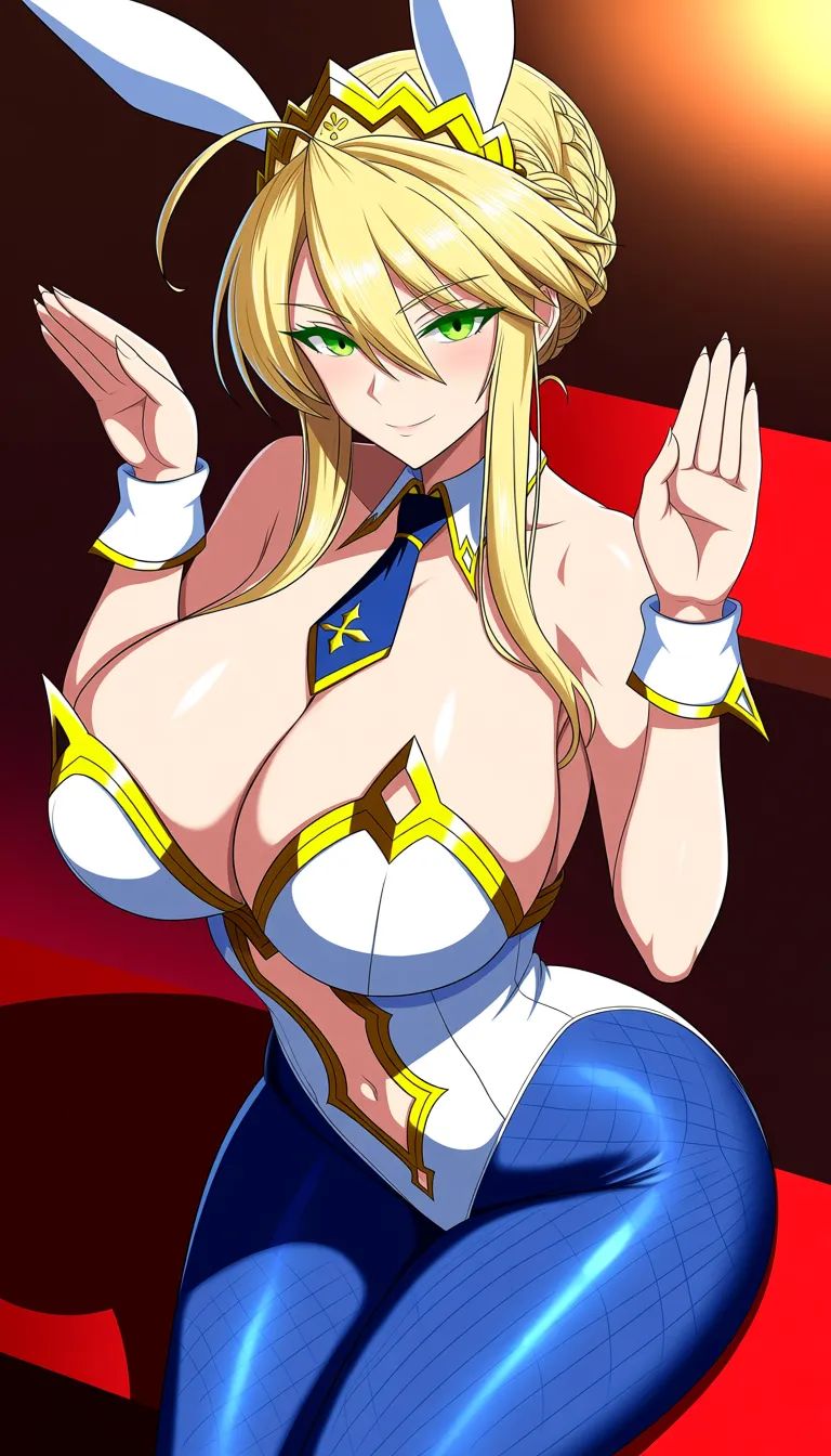 1girl, artoria pendragon (ruler), artoria pendragon, masterfully crafted,
long blonde hair, braided ponytail, hair bun, ahoge, green eyes, blunt bangs,
white bunny ears, white and blue bunny suit, strapless bunny suit, thighhighs,
white collar, black tie, white cuffs,(massive breasts:1.2),(sagging breasts:1.2),(soft breasts:1.4),casino,
rabbit gesture., hentai_studio_quality