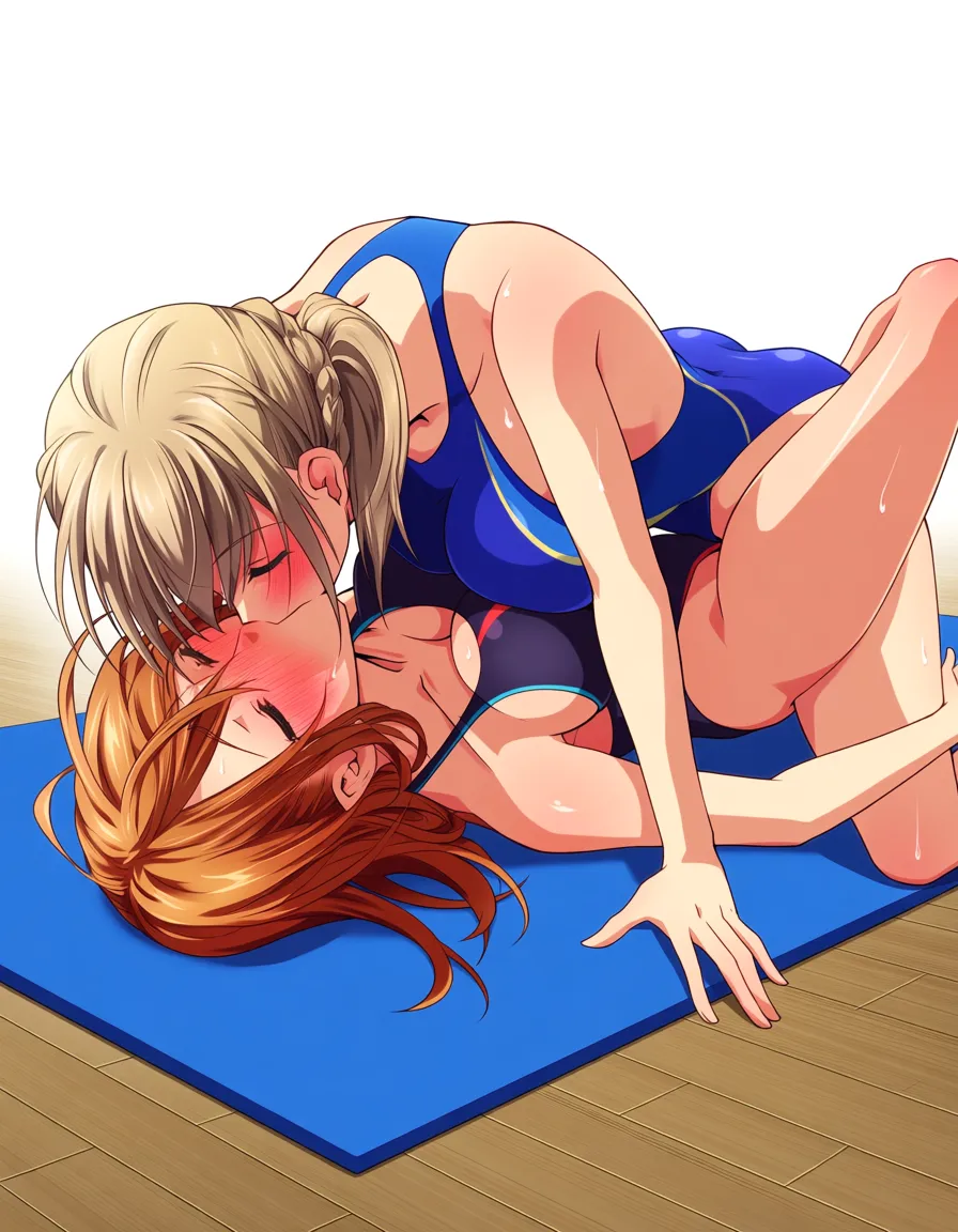 2girls, multiple_girls, @nagatoro_hayase, @tenjouin_asuka, yuri, lesbian, competition_swimsuit, tribadism, missionary, on_back, girl_on_top, on yoga mat, kissing, blush., hentai_studio_quality