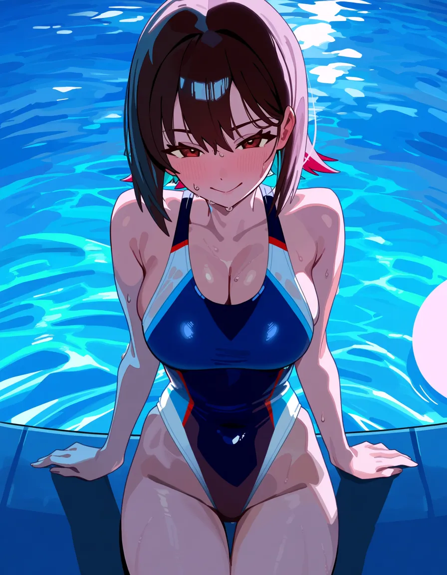 @blanche_(pokemon_go), blue competition_swimsuit, standing, legs_apart, seductive_smile, looking_at_viewer, one_eye_closed, hand_on_own_chest, sweat, pool., hentai_studio_quality