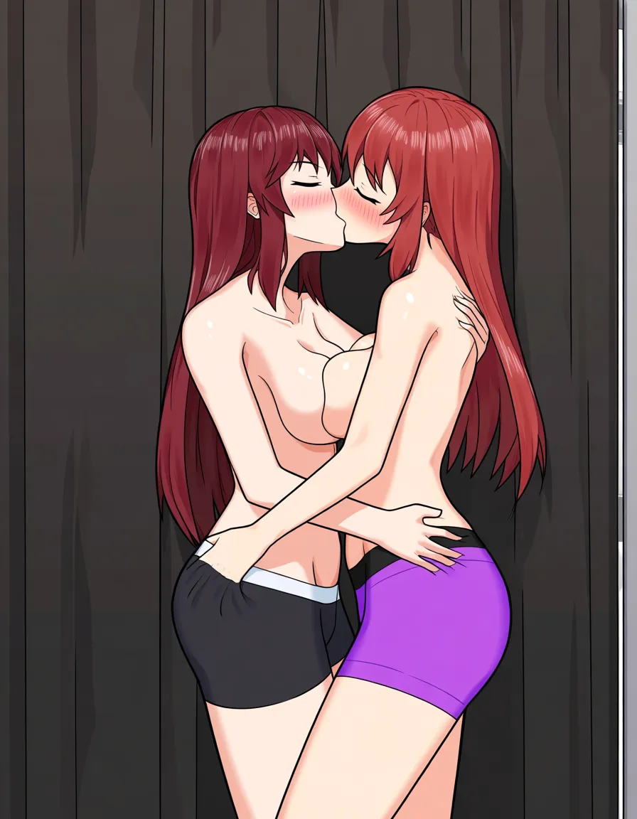 2girls, multiple_girls, @dendra_(pokemon), @tulip_(pokemon), yuri, lesbian, topless, black boxer briefs, purple boxer briefs, standing, blush, grabbing_another's_breast, grabbing_another's_ass, kissing, in dressing room., hentai_studio_quality, hentai_studio_quality