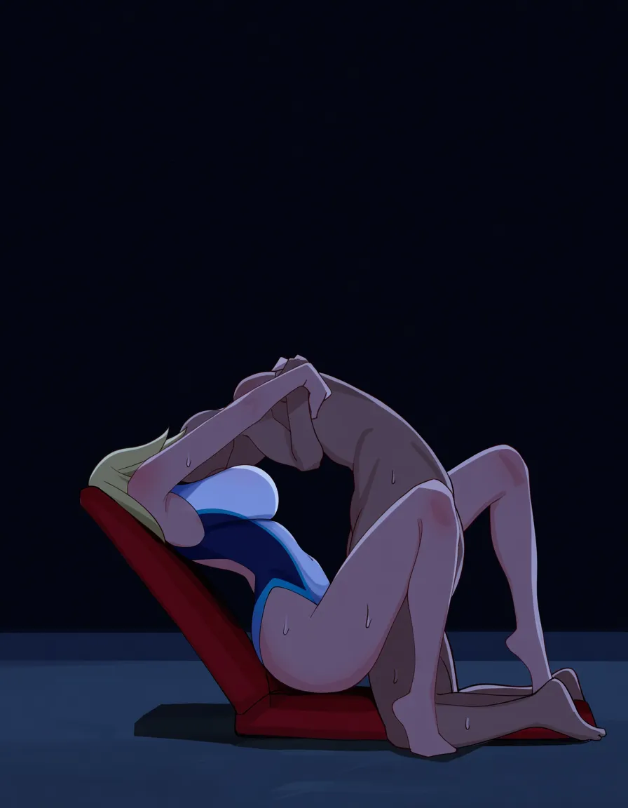 @irida_(pokemon), on_back, legs_apart, blush, sweat, white competition_swimsuit, grabbing_own_breast, female_masturbation, moaning, orgasm, on pool chair, night., hentai_studio_quality